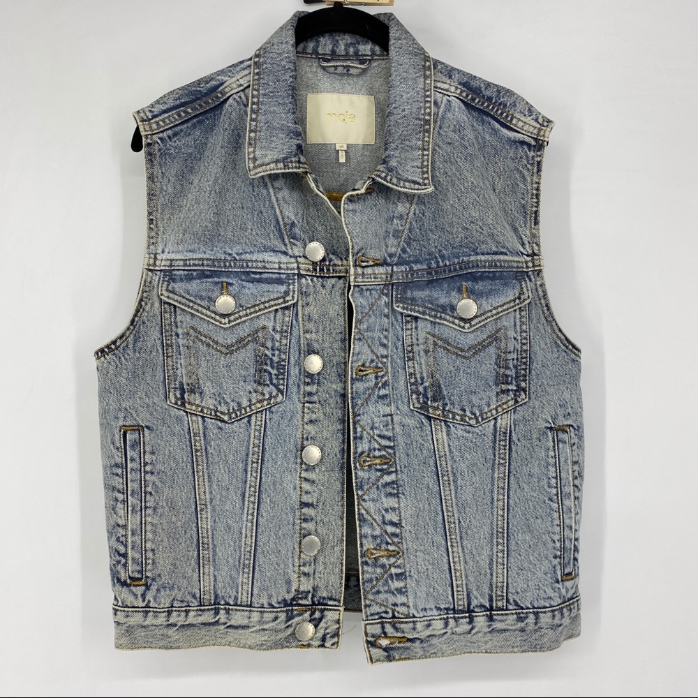 Maje Light Wash Denim Jean Sleeveless Vest Jacket